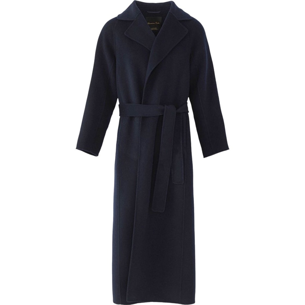 Massimo Dutti Navy Long Belted Wool Trench Coat